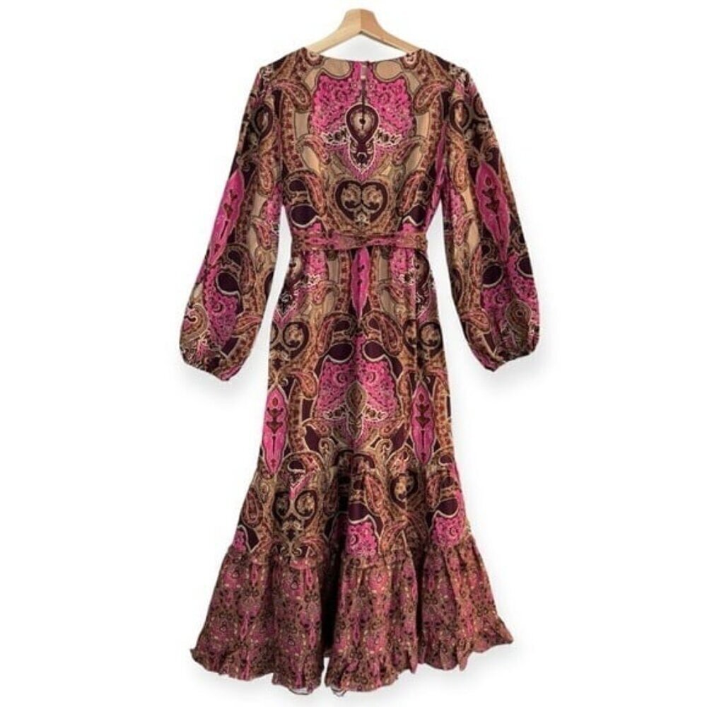 A LOVES A Paisley Printed Ruffled Linen V-Neck Maxi Dress Bohemian Size M NEW - Picture 5 of 10